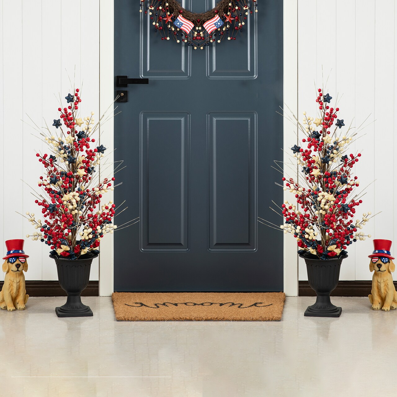 Set of 2 36"H Patriotic / Americana Lighted Berry and Stars Urn Porch Trees, 20 Warm White Lights with timer